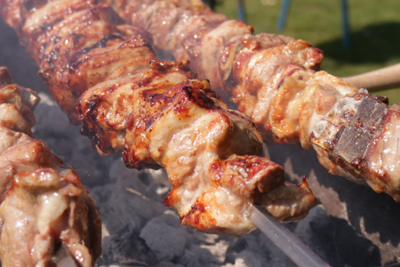 Pork Souvla Cooked over Charcoal on a Cyprus Rotisserie BBQ