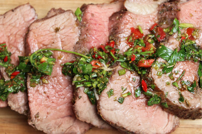 Rump Steak with Chimichurri cooked on a Cyprus Rotisserie Charcoal BBQ