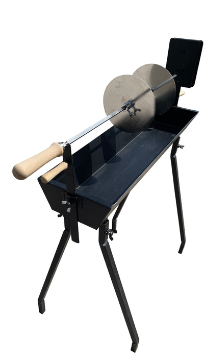Single souvla skewer, Cyprus BBQ rotisserie with gyros plates.