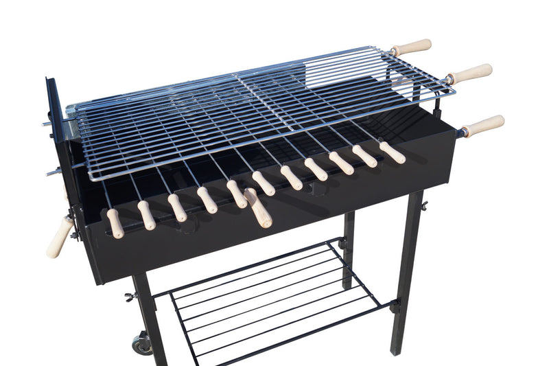 Barbecue grill with multiple skewers and a flat grill on a white background 
