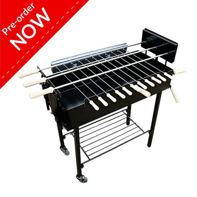 Black barbecue grill with skewers on a white background, featuring a pre-order now banner.